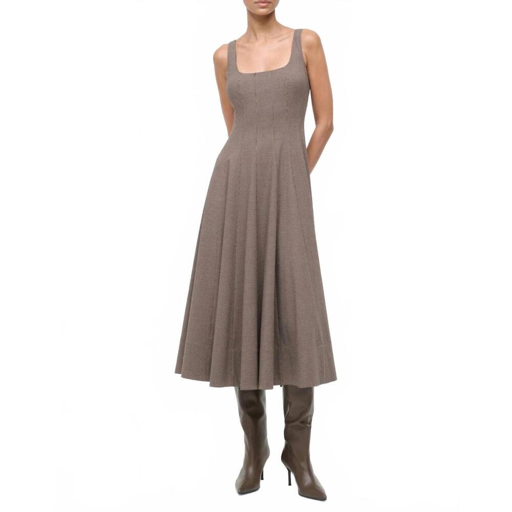 STAUD Brown Sleeveless Square-Neck Midi Dress